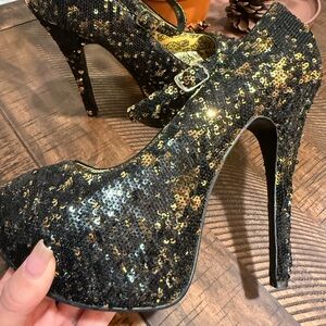 Bordello Black and Gold Sequin Mary Jane Platform Heels